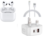 alt="Airpods 3rd Generations With Dual Port Adapter and Lightning to USB-A Cable"